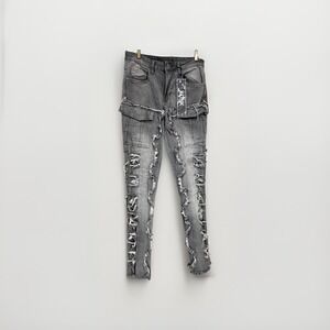KDNK Mens Grey Skinny Flare Distressed Cargo Jeans Size 30 New with Tags